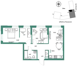 Планировка 2-комн. квартира, 59.73 м² ЖК «Сибирский сад»