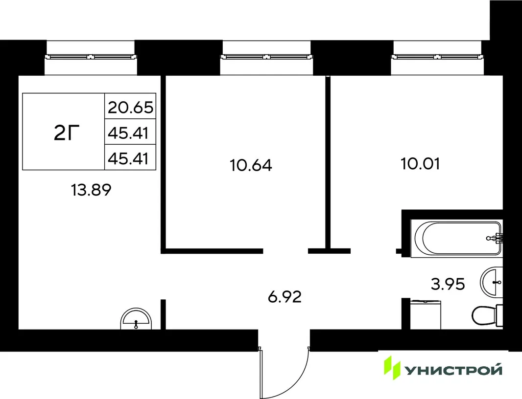 Планировка 2-комн. квартира, 45.41 м² ЖК «Царёво City»