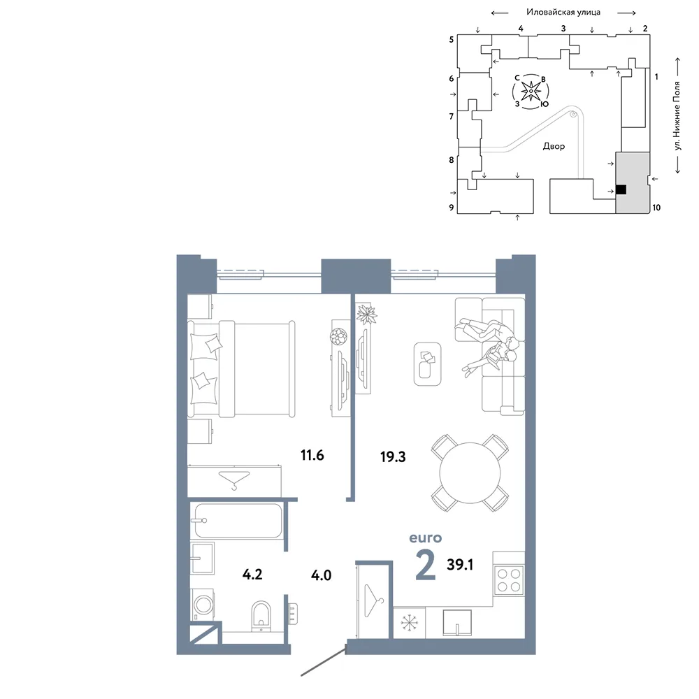 Планировка 2-комн. квартира, 39.1 м² ЖК «Страна.Заречная»