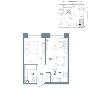 Планировка 2-комн. квартира, 39.1 м² ЖК «Страна.Заречная»