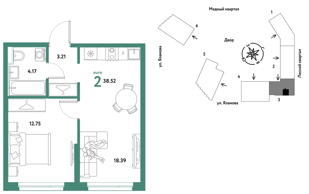Планировка 2-комн. квартира, 38.52 м² ЖК «Сибирский сад»