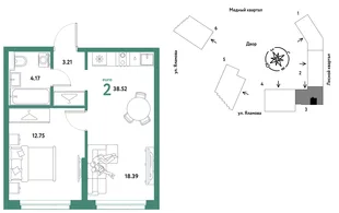 Планировка 2-комн. квартира, 38.52 м² ЖК «Сибирский сад»