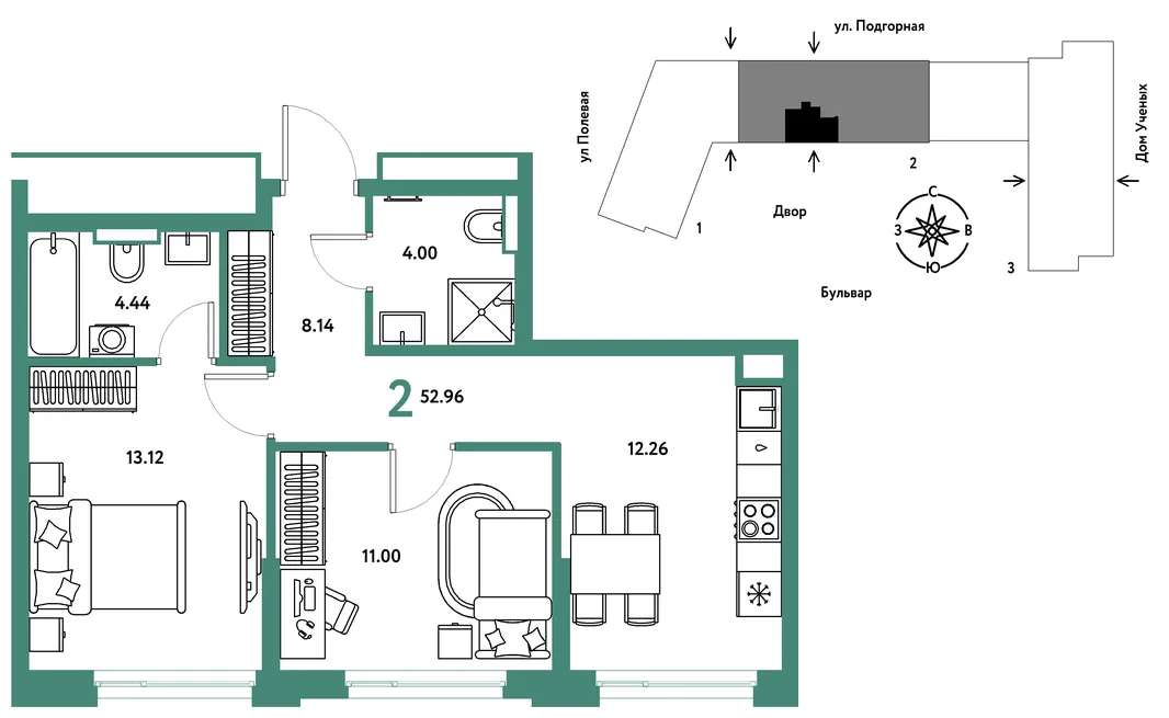 Планировка 2-комн. квартира, 53.11 м² ЖК «Авторский»