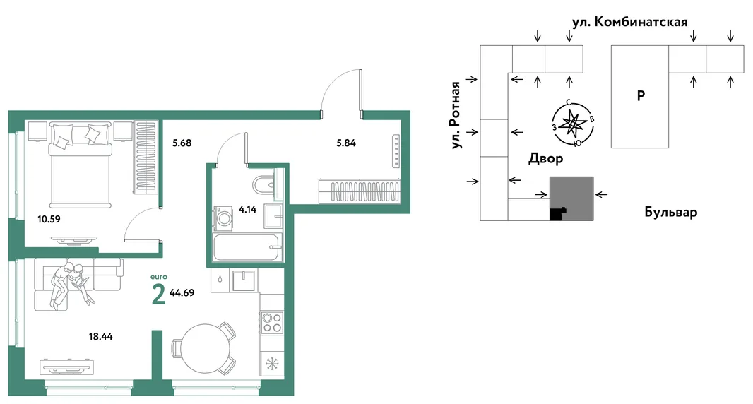 Планировка 2-комн. квартира, 44.35 м² ЖК «Уральский сад»