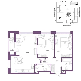 Планировка 3-комн. квартира, 74.15 м² ЖК «Юнион»