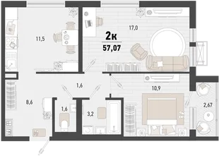 Планировка 2-комн. квартира, 57.07 м² ЖК «Барса»