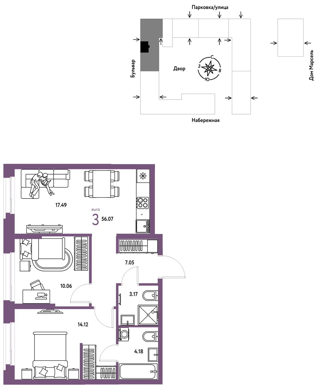 Планировка 3-комн. квартира, 56.07 м² ЖК «Европейский берег 2.0»