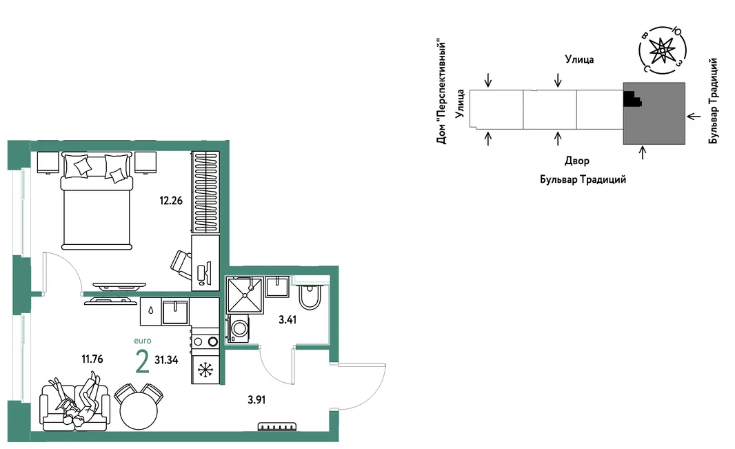 Планировка 2-комн. квартира, 31.34 м² ЖК «Микрорайон Домашний»