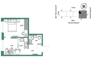 Планировка 2-комн. квартира, 31.34 м² ЖК «Микрорайон Домашний»