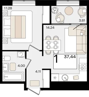 Планировка 1-комн. квартира, 37.44 м² ЖК «Патрики»