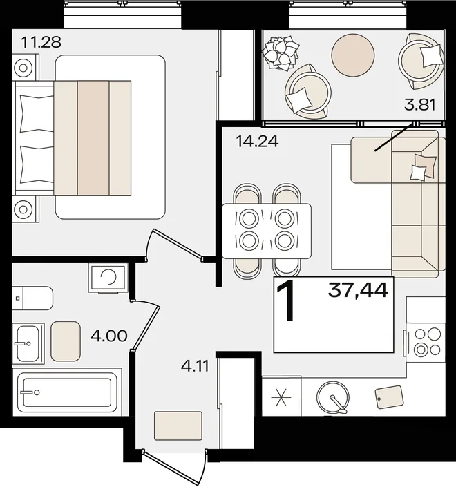 Планировка 1-комн. квартира, 37.44 м² ЖК «Патрики» Планировка 1-комн. квартира, 37.44 м² ЖК «Патрики»