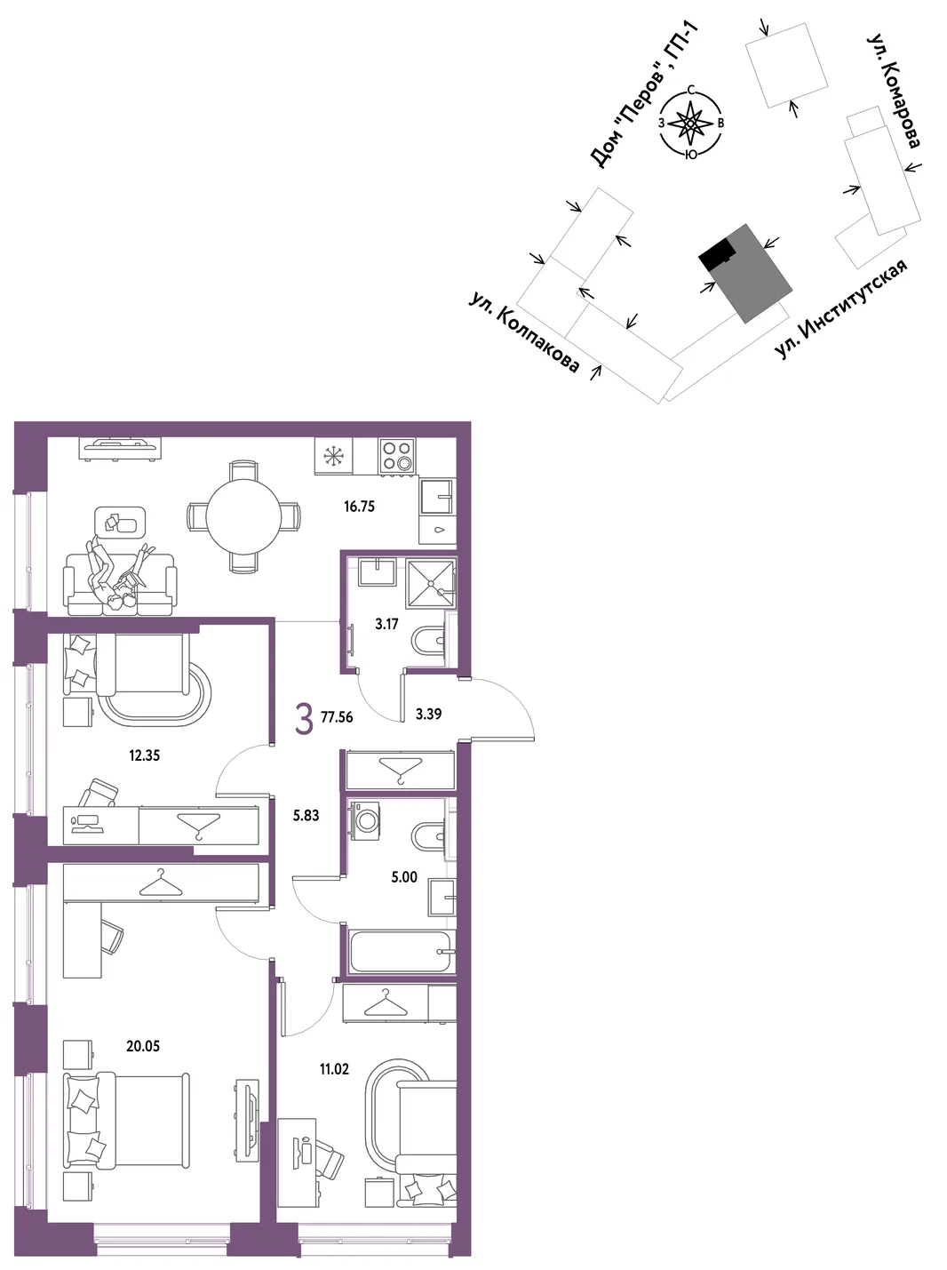 Планировка 3-комн. квартира, 77.56 м² ЖК «Страна.Парковая»