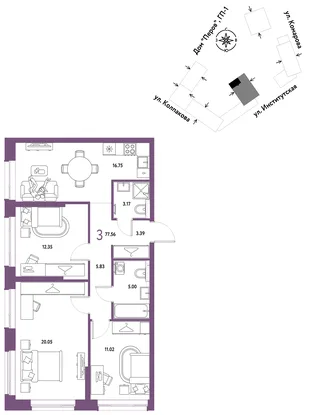 Планировка 3-комн. квартира, 77.56 м² ЖК «Страна.Парковая»