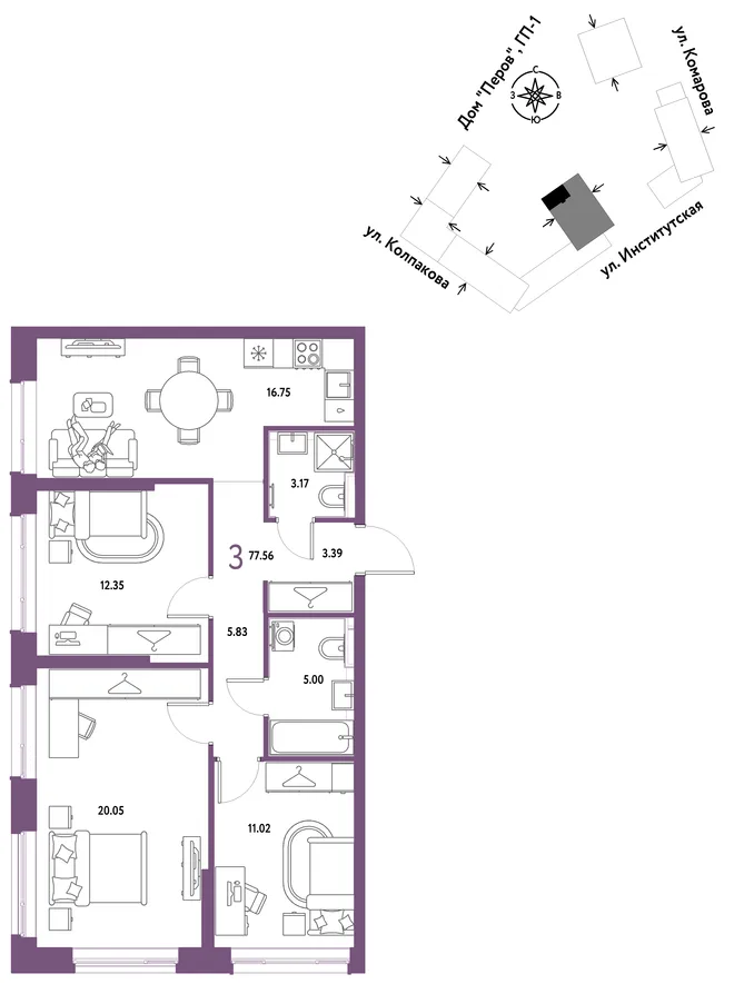 Планировка 3-комн. квартира, 77.56 м² ЖК «Страна.Парковая» Планировка 3-комн. квартира, 77.56 м² ЖК «Страна.Парковая»