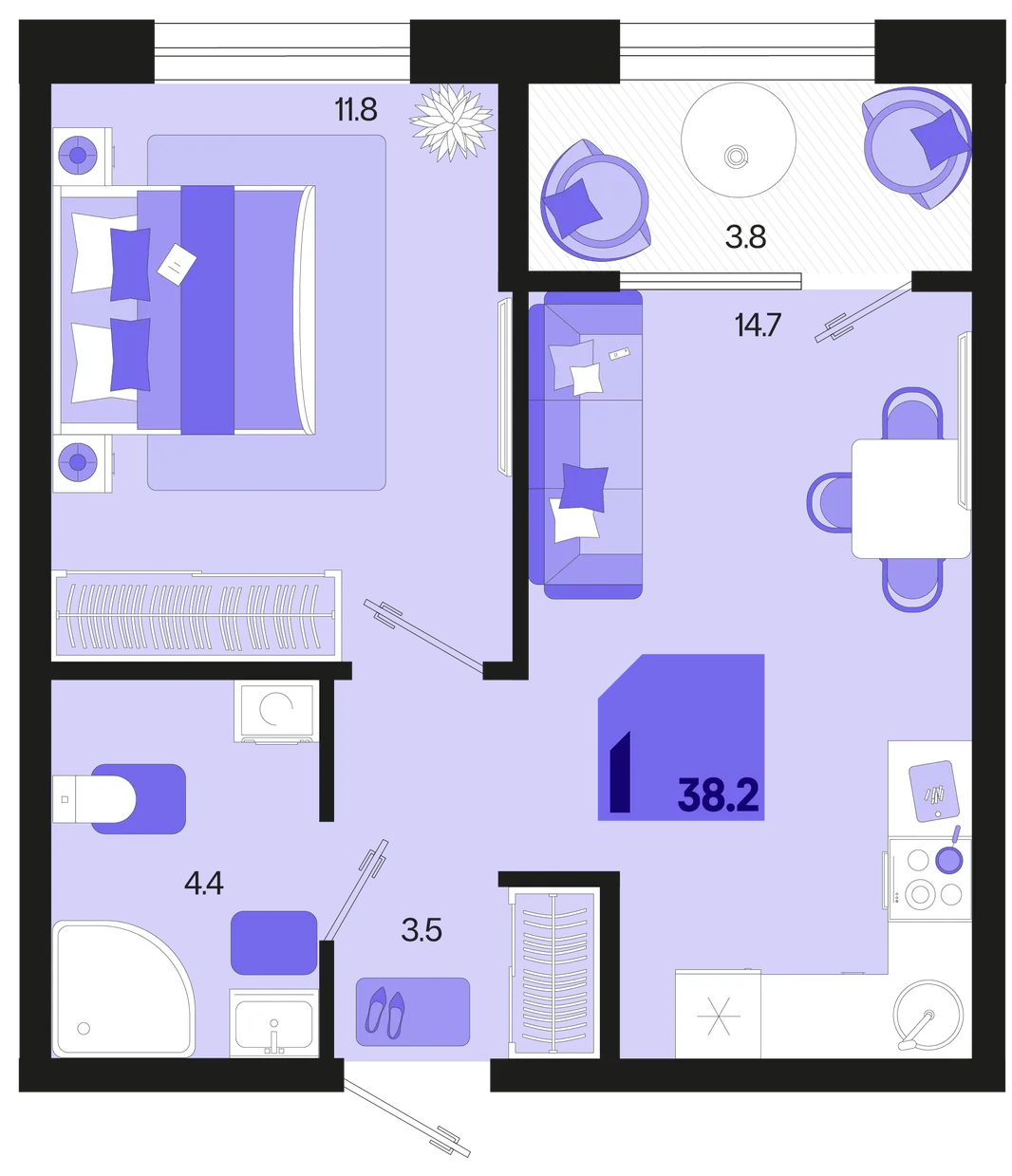 Планировка 1-комн. квартира, 38.2 м² ЖК «Первое место»