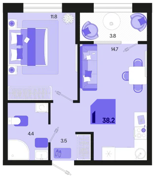 Планировка 1-комн. квартира, 38.2 м² ЖК «Первое место»