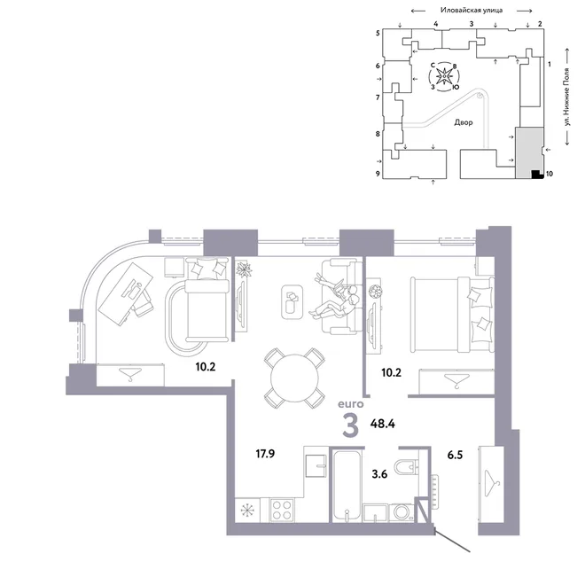 Планировка 3-комн. квартира, 48.4 м² ЖК «Страна.Заречная» Планировка 3-комн. квартира, 48.4 м² ЖК «Страна.Заречная»