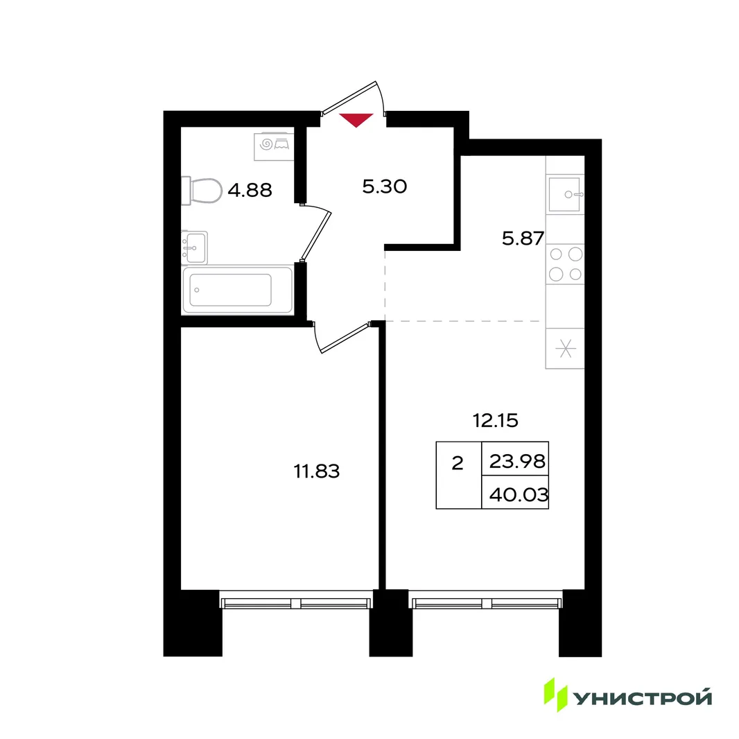 Планировка 2-комн. квартира, 40.03 м² ЖК «Уникум на Энгельса»