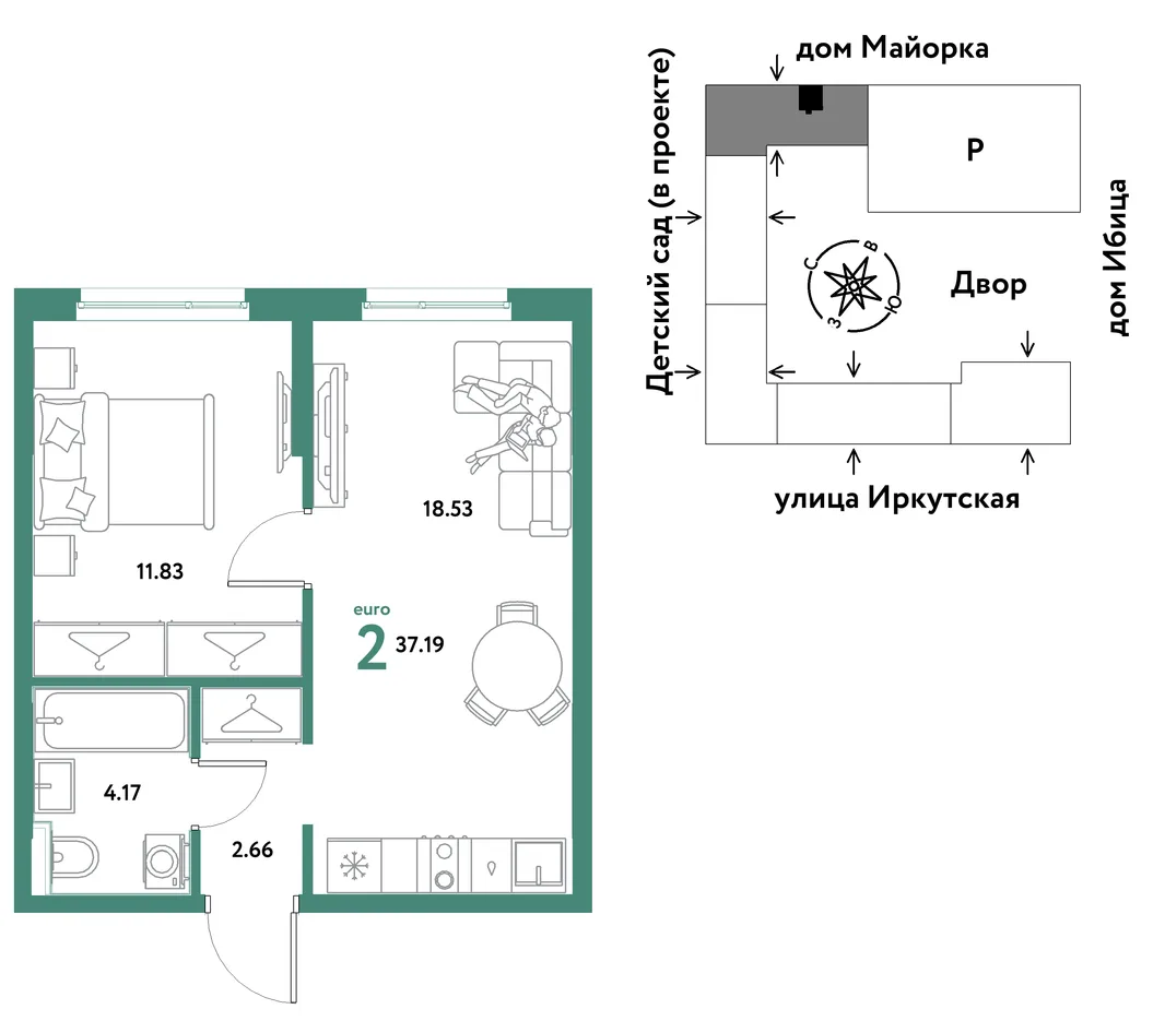 Планировка 2-комн. квартира, 37.19 м² ЖК «Остров-сад»