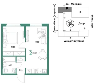 Планировка 2-комн. квартира, 37.19 м² ЖК «Остров-сад»