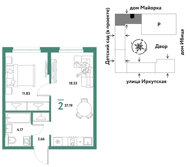 Планировка 2-комн. квартира, 37.19 м² ЖК «Остров-сад» Планировка 2-комн. квартира, 37.19 м² ЖК «Остров-сад»