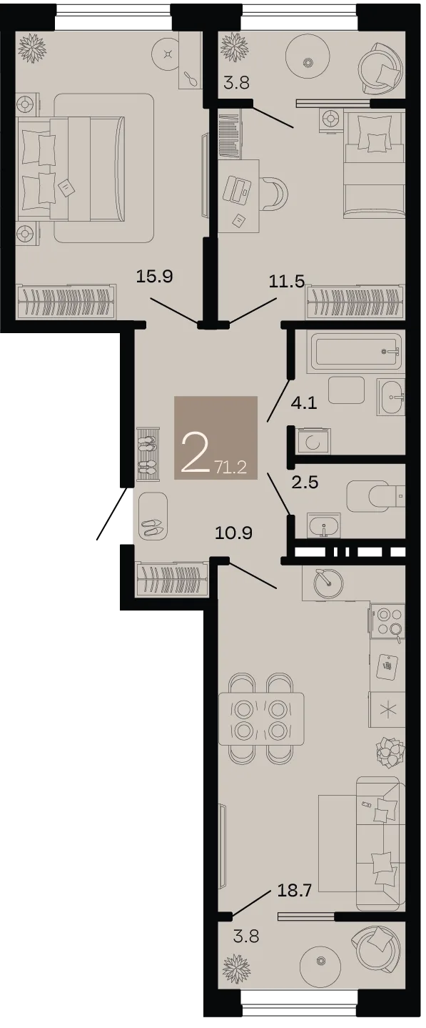 Планировка 2-комн. квартира, 71.2 м² ЖК «Хозяин морей»