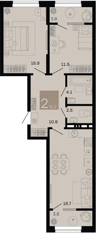 Планировка 2-комн. квартира, 71.2 м² ЖК «Хозяин морей»