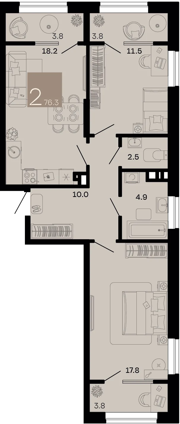 Планировка 2-комн. квартира, 76.3 м² ЖК «Хозяин морей»