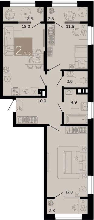 Планировка 2-комн. квартира, 76.3 м² ЖК «Хозяин морей»