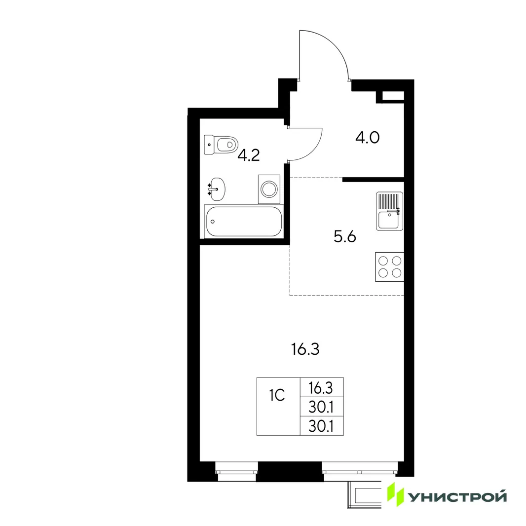 Планировка 1-комн. квартира, 30.1 м² ЖК «Стадиум»