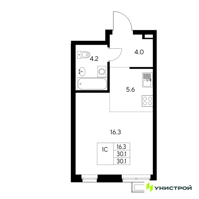 Планировка 1-комн. квартира, 30.1 м² ЖК «Стадиум» Планировка 1-комн. квартира, 30.1 м² ЖК «Стадиум»