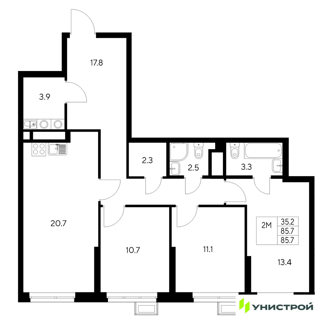 Планировка 3-комн. квартира, 85.7 м² ЖК «Стадиум»