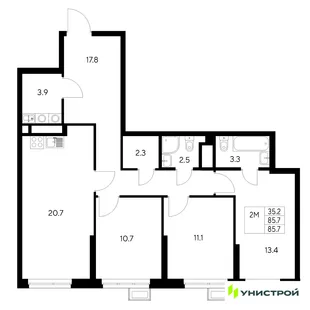 Планировка 3-комн. квартира, 85.7 м² ЖК «Стадиум»