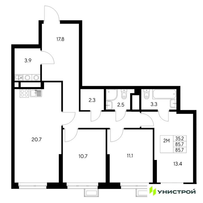 Планировка 3-комн. квартира, 85.7 м² ЖК «Стадиум» Планировка 3-комн. квартира, 85.7 м² ЖК «Стадиум»