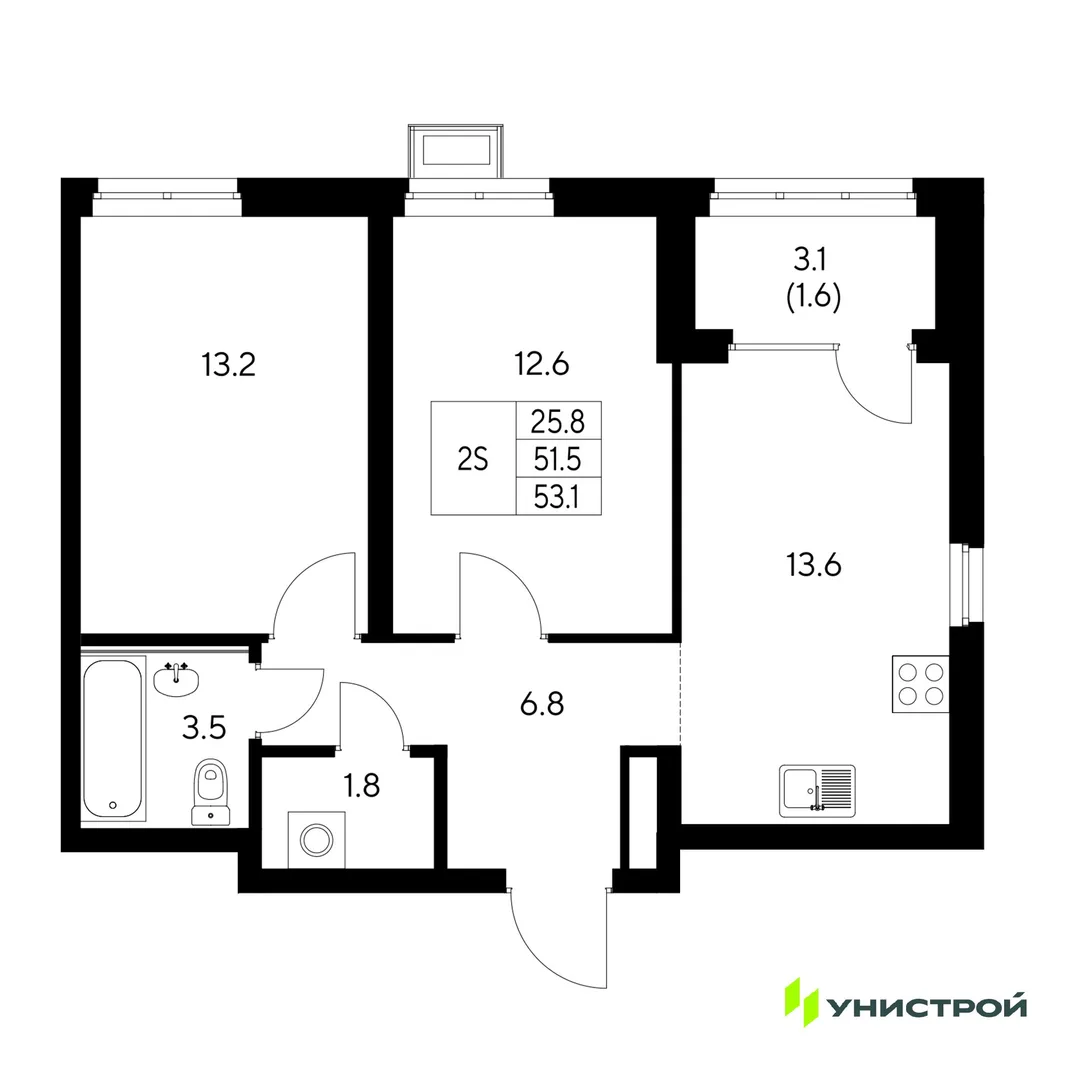 Планировка 2-комн. квартира, 53.1 м² ЖК «Стадиум»