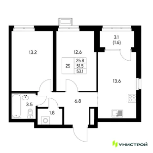 Планировка 2-комн. квартира, 53.1 м² ЖК «Стадиум»