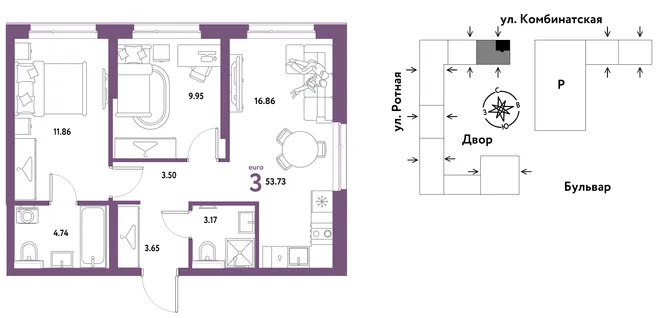 Планировка 3-комн. квартира, 53.19 м² ЖК «Уральский сад» Планировка 3-комн. квартира, 53.19 м² ЖК «Уральский сад»
