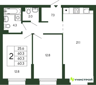 Планировка 2-комн. квартира, 60.3 м² ЖК «Парковый квартал 2.0»