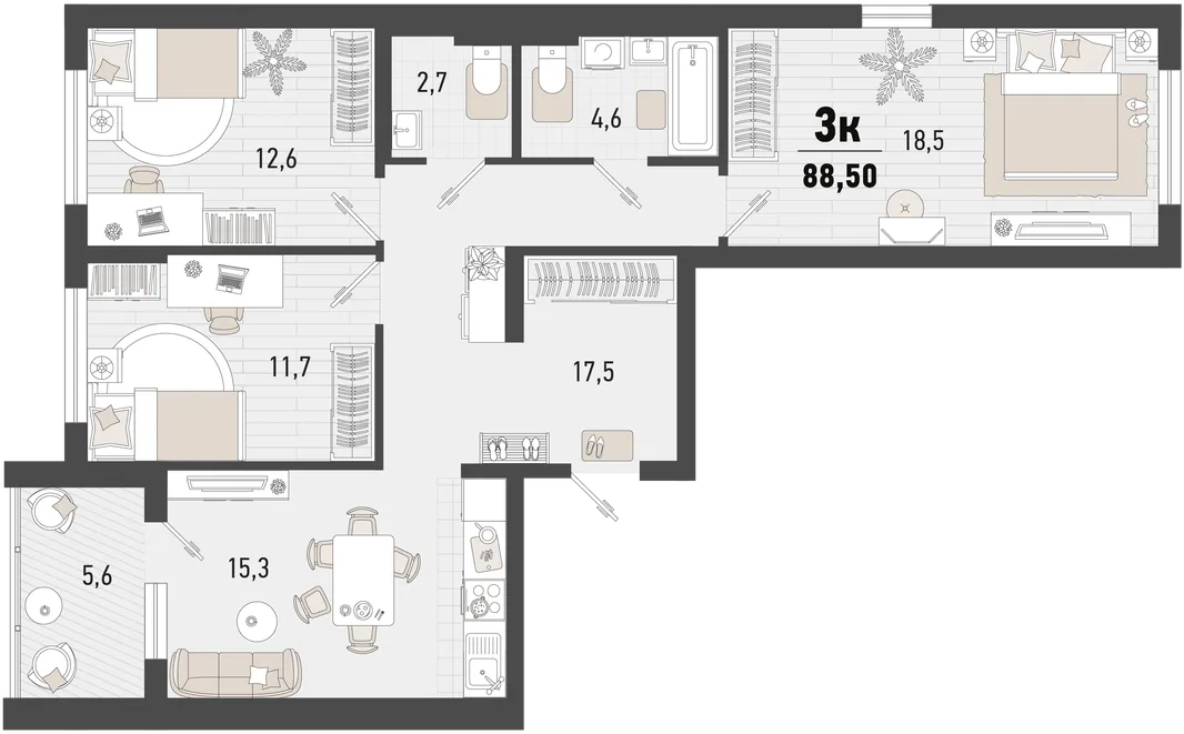 Планировка 3-комн. квартира, 88.5 м² ЖК «Барса»