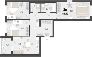 Планировка 3-комн. квартира, 88.5 м² ЖК «Барса»