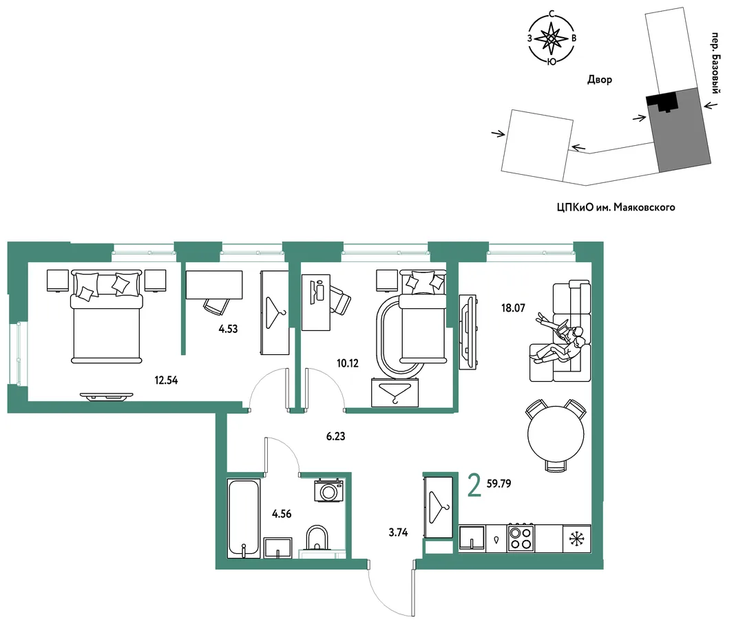 Планировка 2-комн. квартира, 59.79 м² ЖК «Сибирский сад»