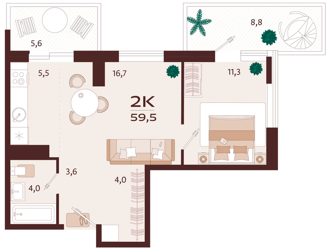Планировка 2-комн. квартира, 59.5 м² ЖК «Роялта»