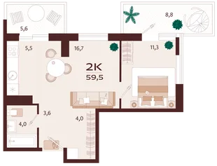 Планировка 2-комн. квартира, 59.5 м² ЖК «Роялта»
