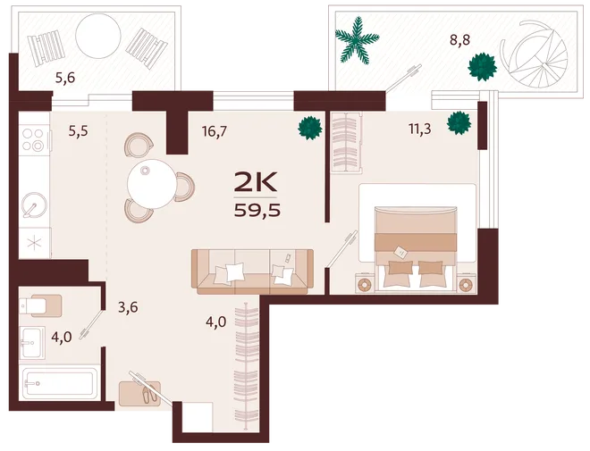 Планировка 2-комн. квартира, 59.5 м² ЖК «Роялта» Планировка 2-комн. квартира, 59.5 м² ЖК «Роялта»
