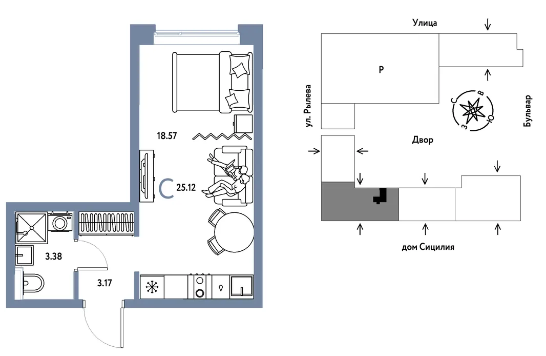 Планировка Студия, 25.12 м² ЖК «Остров-сад»