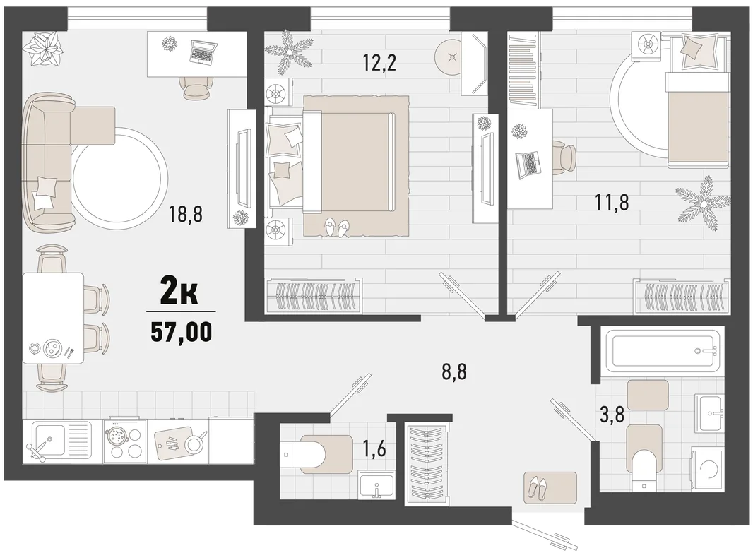 Планировка 2-комн. квартира, 57 м² ЖК «Барса»