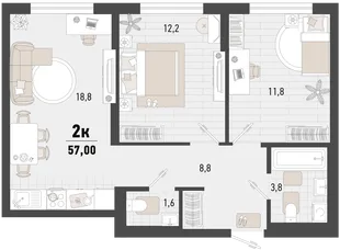 Планировка 2-комн. квартира, 57 м² ЖК «Барса»