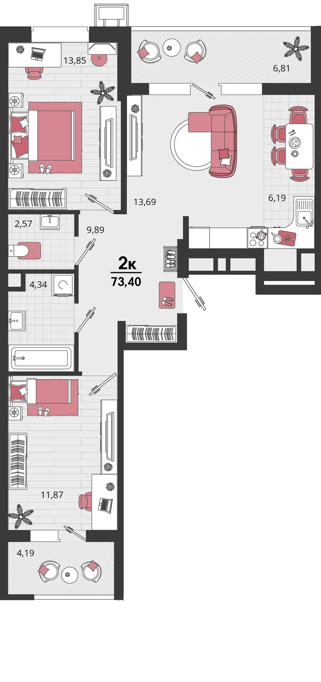 Планировка 3-комн. квартира, 73.4 м² ЖК «Родные просторы»