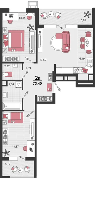 Планировка 3-комн. квартира, 73.4 м² ЖК «Родные просторы»