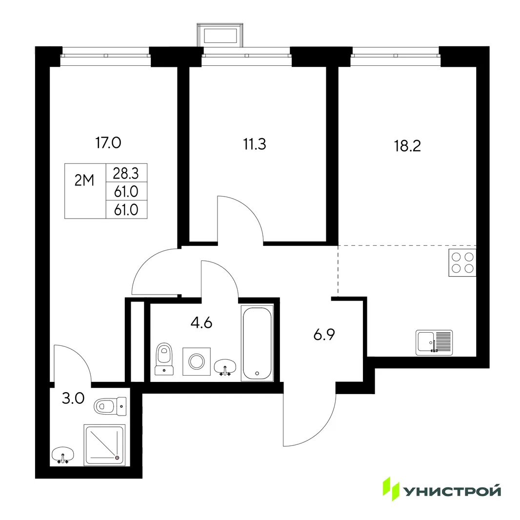 Планировка 2-комн. квартира, 61 м² ЖК «Стадиум»
